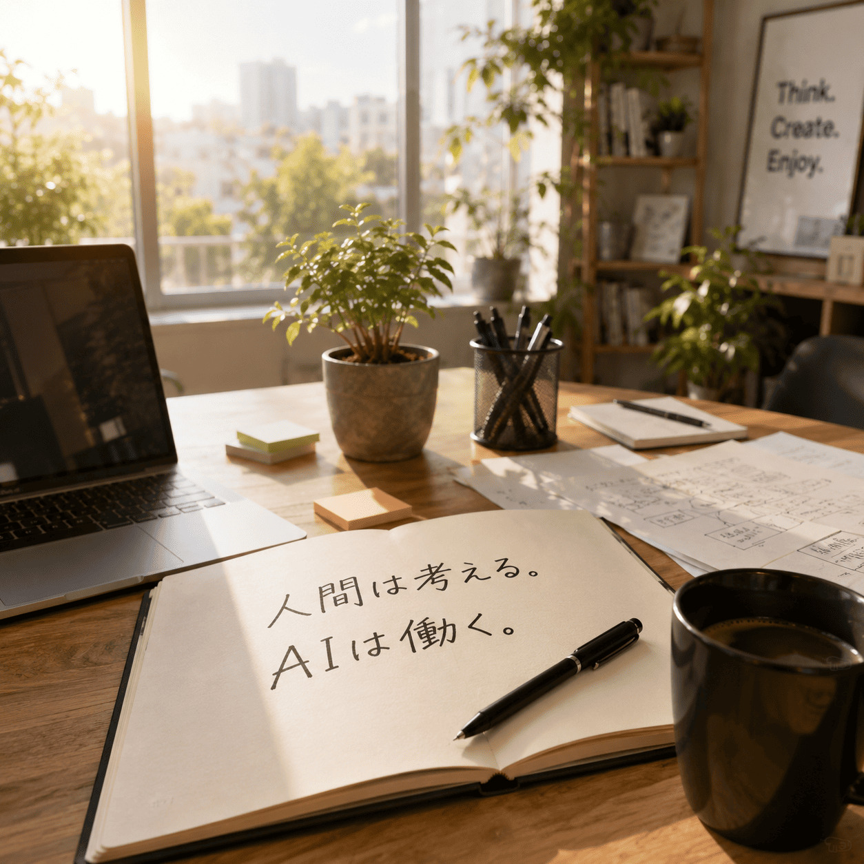 AI社員と人間が集まるラウンジのイメージ