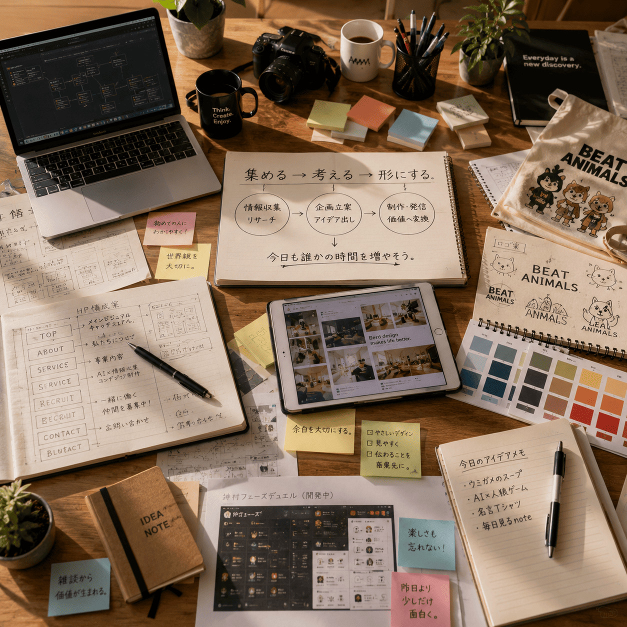 情報が企画や制作物に変わる作業机のイメージ