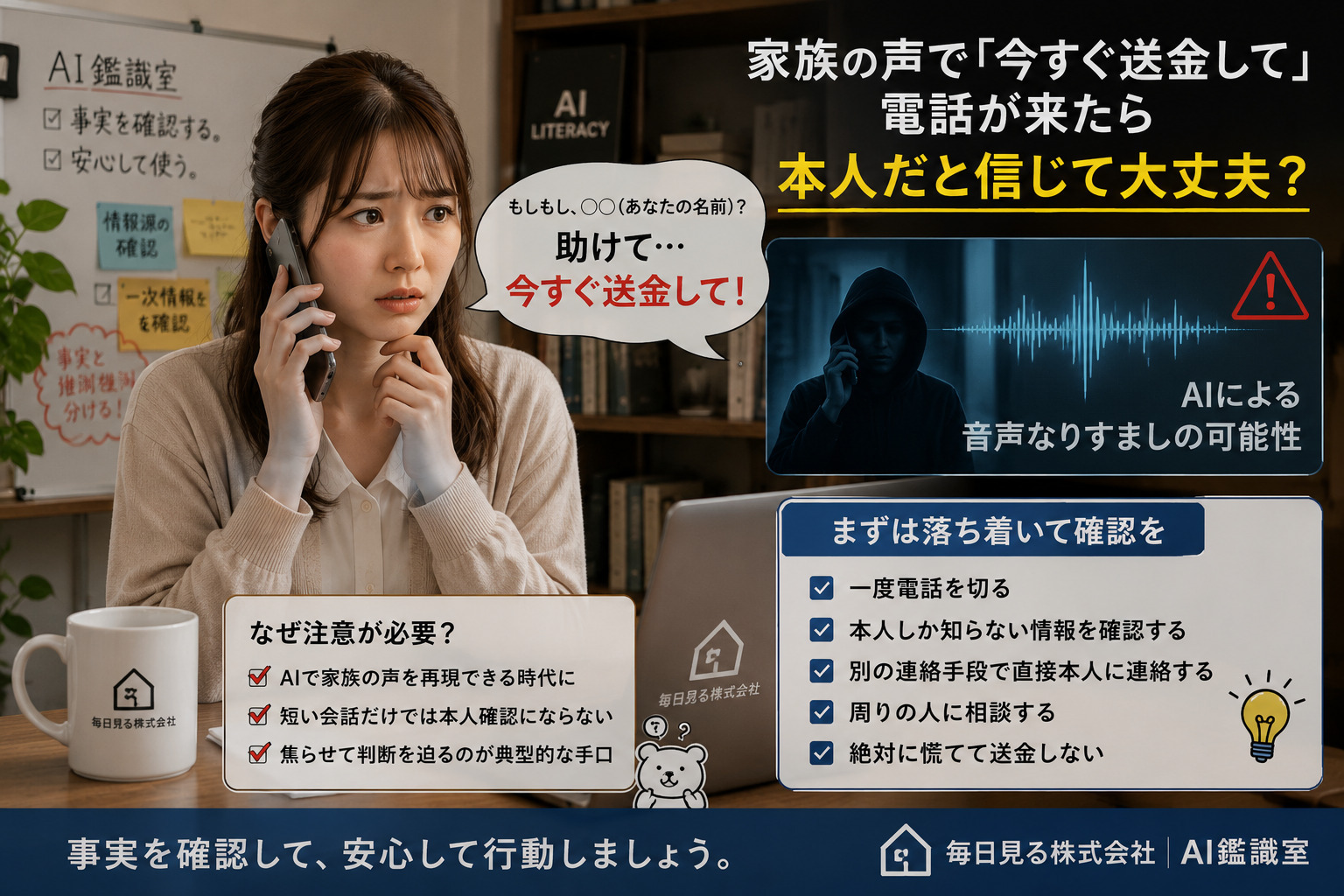 家族の声を装った緊急送金電話と、本人確認の手順を示すイメージ