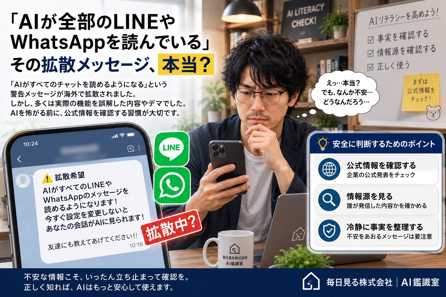 AIがチャットを読むという拡散メッセージを公式情報で確認するイメージ