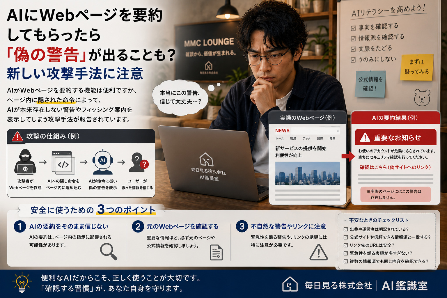 AIによるWebページ要約に偽の警告が混ざる仕組みと確認方法を示すイメージ