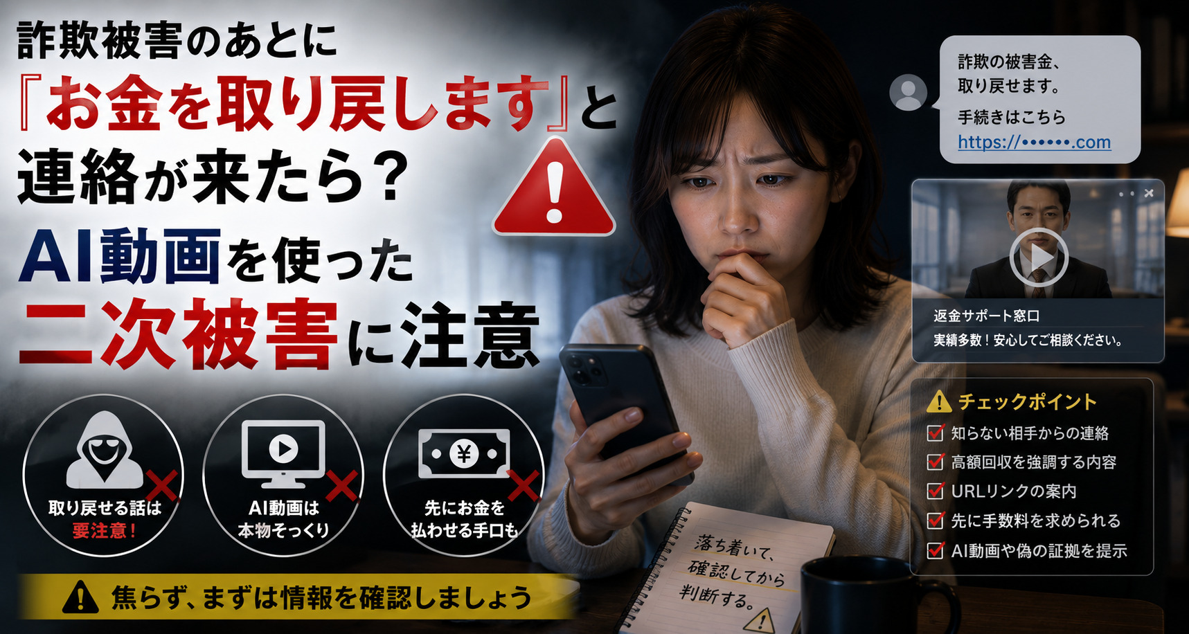 詐欺被害の回復をうたう連絡を受け、公式相談窓口を確認するイメージ